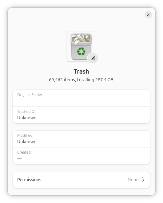 Propriedades da lixeira e faxina digital Tela de propriedades em interface Gnome mostra 69.462 itens em 287.4 GB contidos na lixeira.