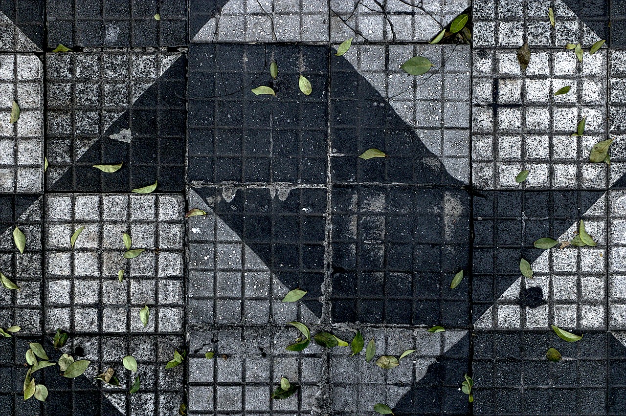 Calçada com polígono monocromático na forma do mapa do estado de São Paulo.