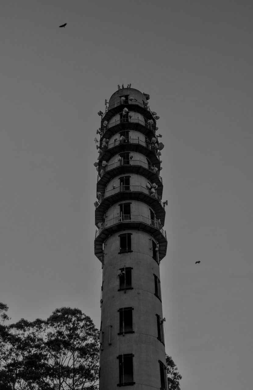 Contra-plongée de torre de concreto com estruturas de circulação ao redor e janelas retangulares. Aves a sobrevoam.